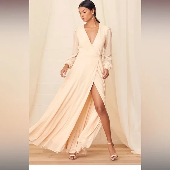 Lulus My Whole Heart Cream Long Sleeve Wrap Maxi Dress